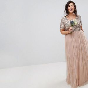 Maya V Neck Plus Sequin and Tulle Maxi Dress
